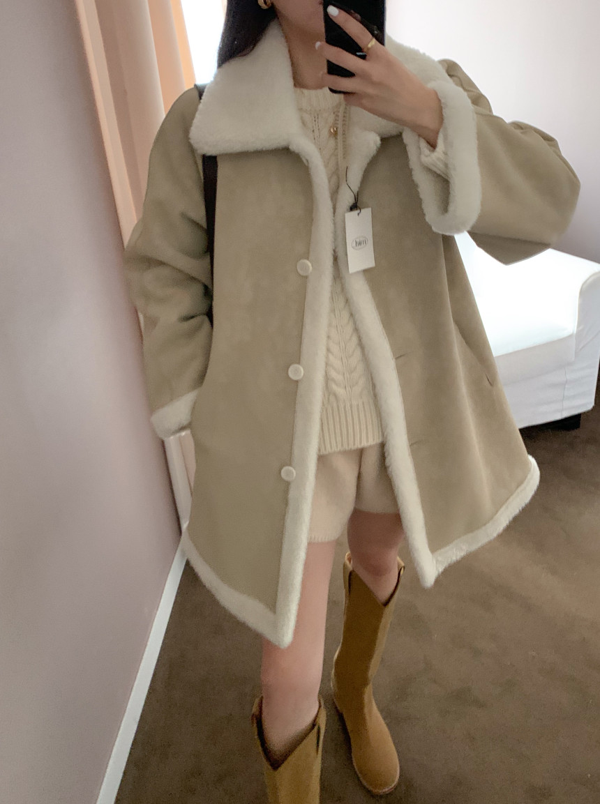 Korean Chic French Vintage Color Block Reversible Faux Fur Lined Mid Length Coat