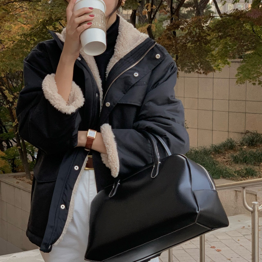 1697489824411_10719.jpg Korean Chic Vintage Workwear Faux Fur Lined Drawstring Waist Casual Jacket