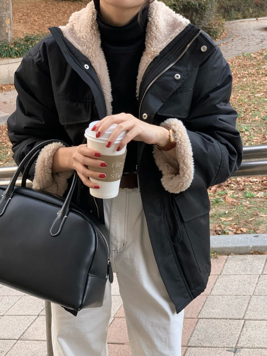 Women's Korean Chic Vintage Workwear Faux Shearling Lined Drawstring Waist Casual Jacket