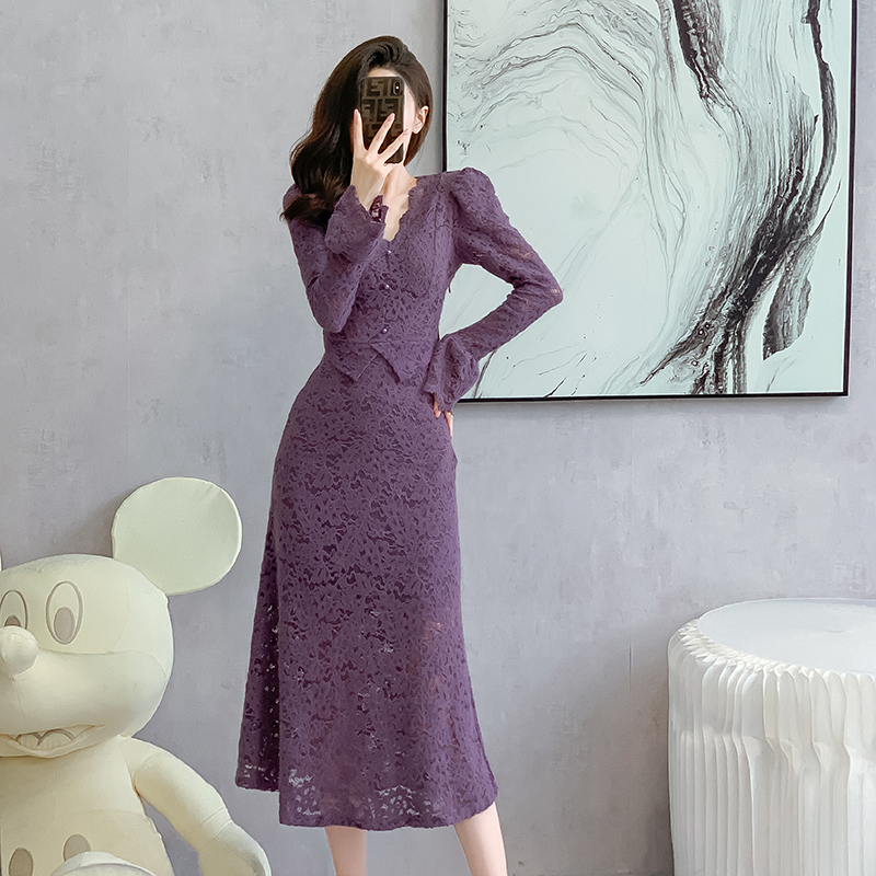 Elegant Lace Mermaid Dress Women Slim Fit Faux Two Piece Long Sleeve