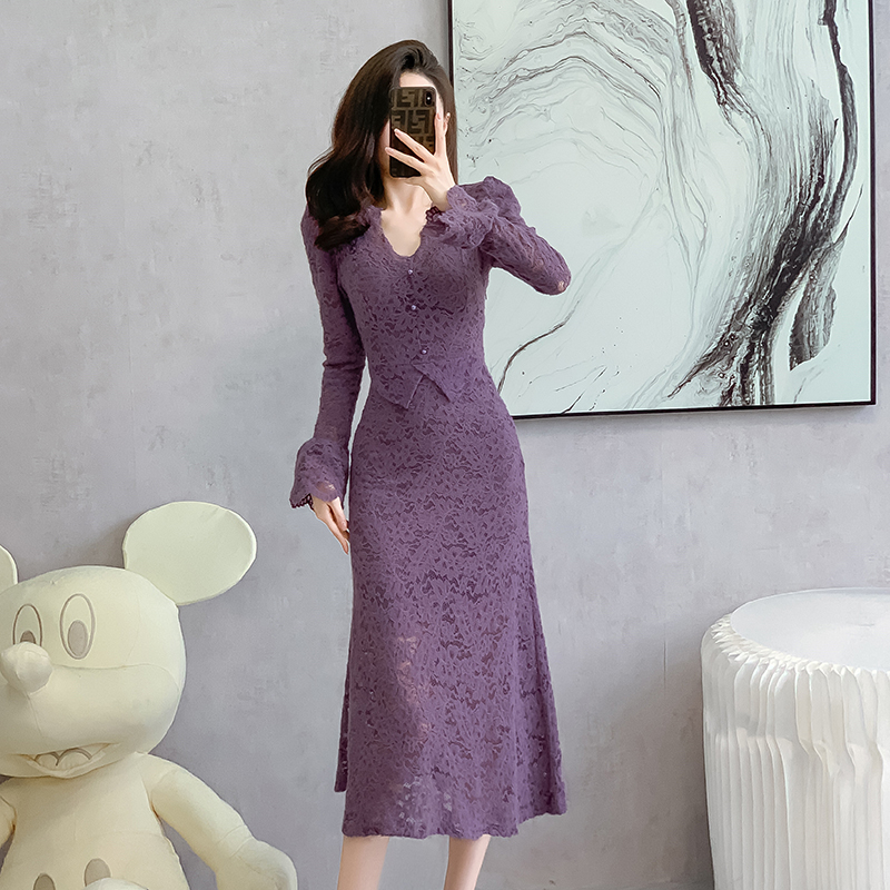 1697641752969_547657.jpg Elegant Lace Mermaid Dress Women Slim Fit Faux Two Piece Long Sleeve