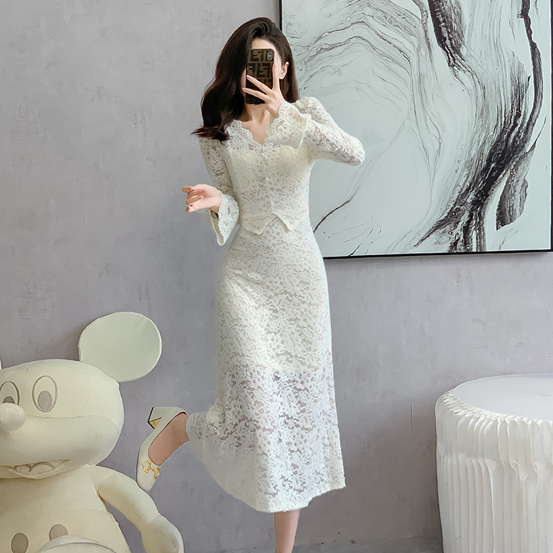 1697641763466_5657.jpg Elegant Lace Mermaid Dress Women Slim Fit Faux Two Piece Long Sleeve