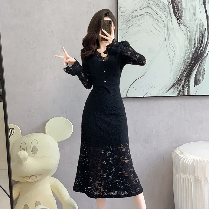 1697641779780_292982.jpg Elegant Lace Mermaid Dress Women Slim Fit Faux Two Piece Long Sleeve