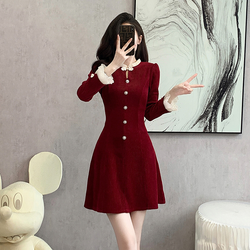 Chinese Style Buttoned Waist-Slimming A-Line Dress with Flared Sleeves