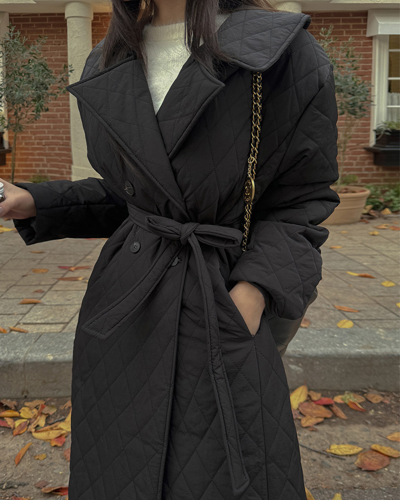 Korean Chic Double-Breasted Quilted Belted Warm Cotton Coat Winter Jacket