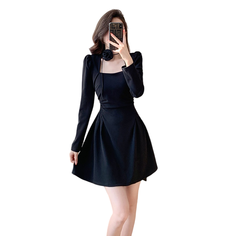 1706606852271_33241.png 2026 Autumn French Style Little Black Dress Slimming Elegant Pleated A-Line Square Neck Long Sleeve