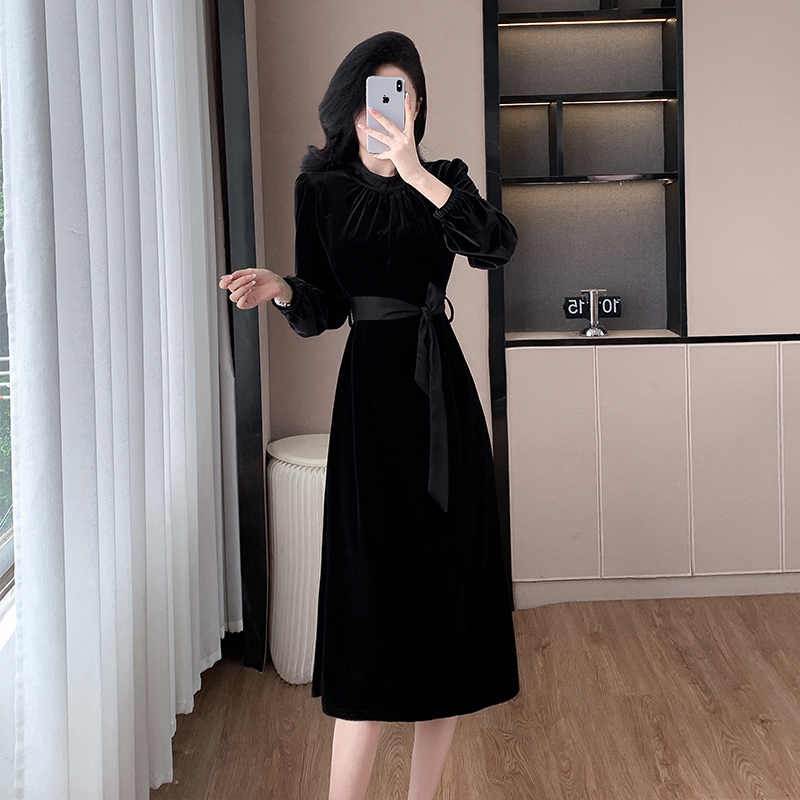 2026 Autumn Velvet Long Sleeve A-Line Dress