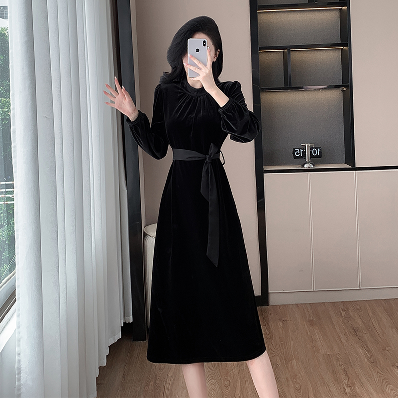 2026 Autumn Velvet Long Sleeve A-Line Dress