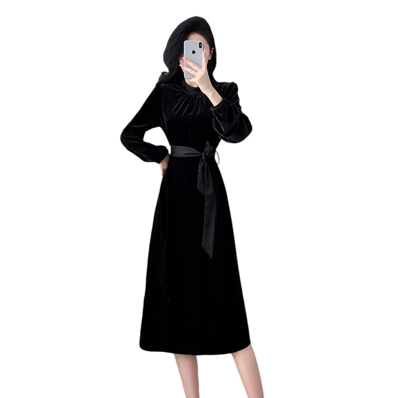 2026 Autumn Velvet Long Sleeve A-Line Dress