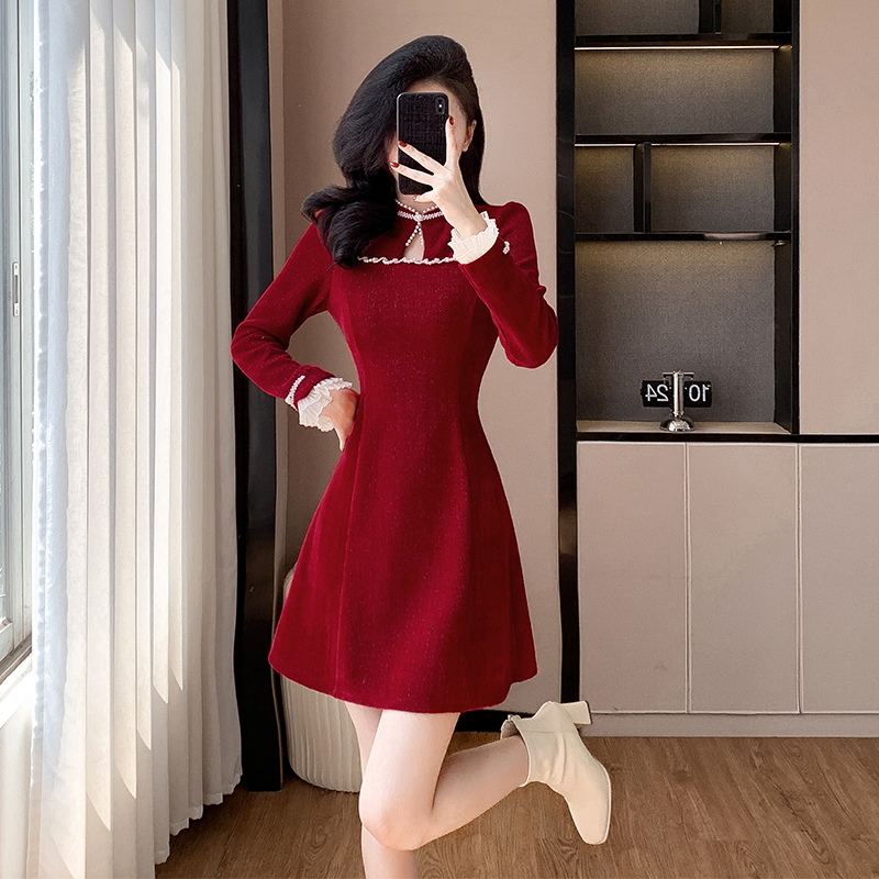 Improved New Chinese Style Cheongsam Dress for Women Corduroy Button Pearl A-Line Short Dress
