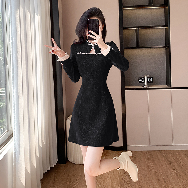 Improved New Chinese Style Cheongsam Dress for Women Corduroy Button Pearl A-Line Short Dress