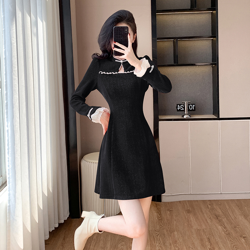 Improved New Chinese Style Cheongsam Dress for Women Corduroy Button Pearl A-Line Short Dress