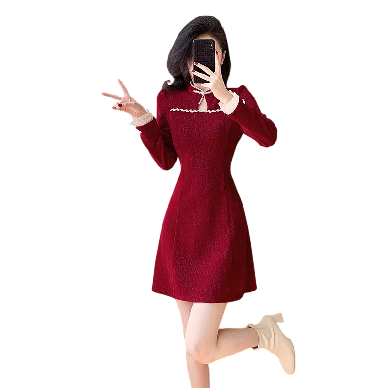 Improved New Chinese Style Cheongsam Dress for Women Corduroy Button Pearl A-Line Short Dress