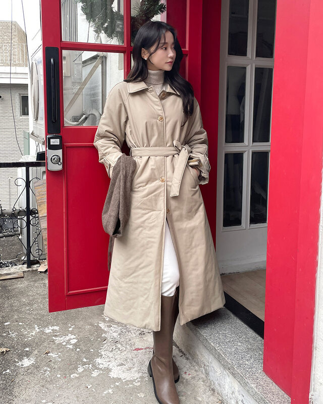 Korean Chic French Classic Belted Padded Coat Winter Warm Long Sleeve