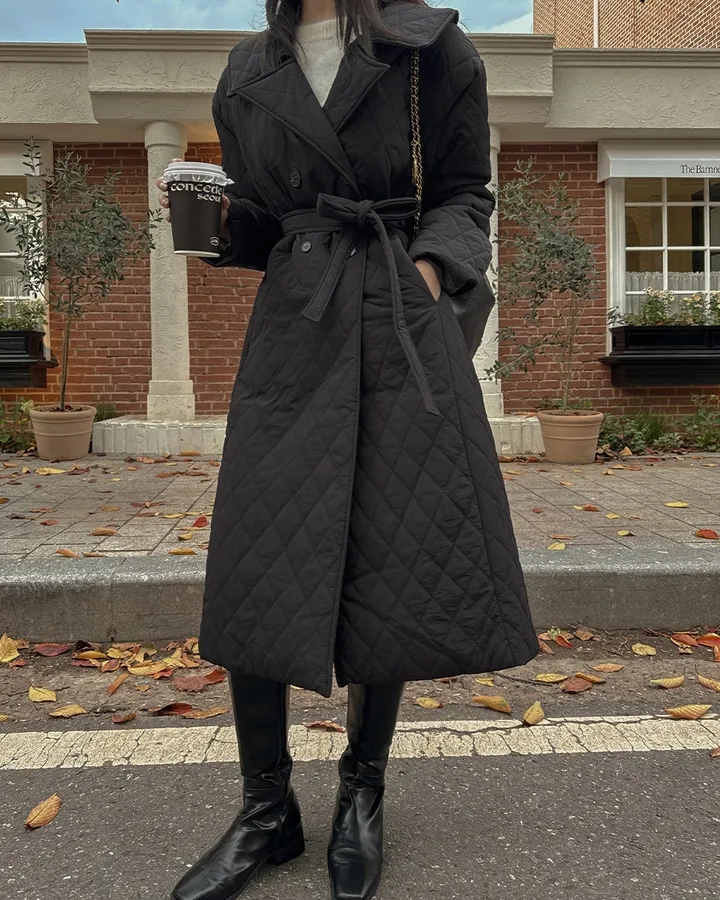 Korean Chic Double-Breasted Quilted Belted Warm Cotton Coat Winter Jacket