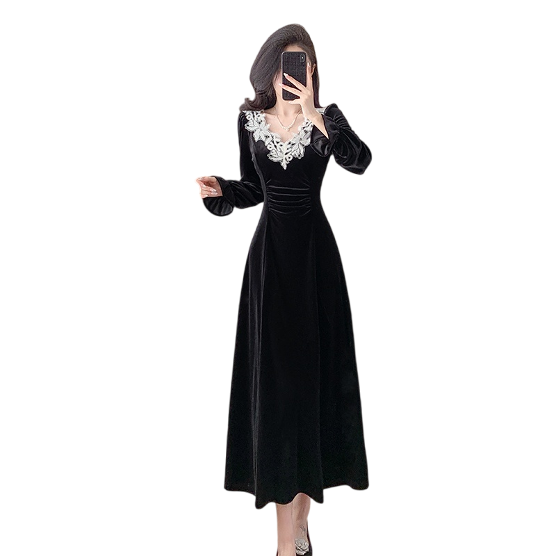 Elegant Lace Trim V Neck Velvet Dress French Waist A Line Long Dress
