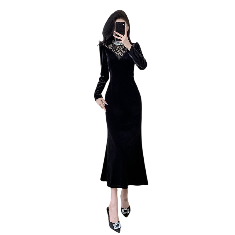 1731074606029_478209.png Elegant Slimming Long Velvet Dress with Stand Collar