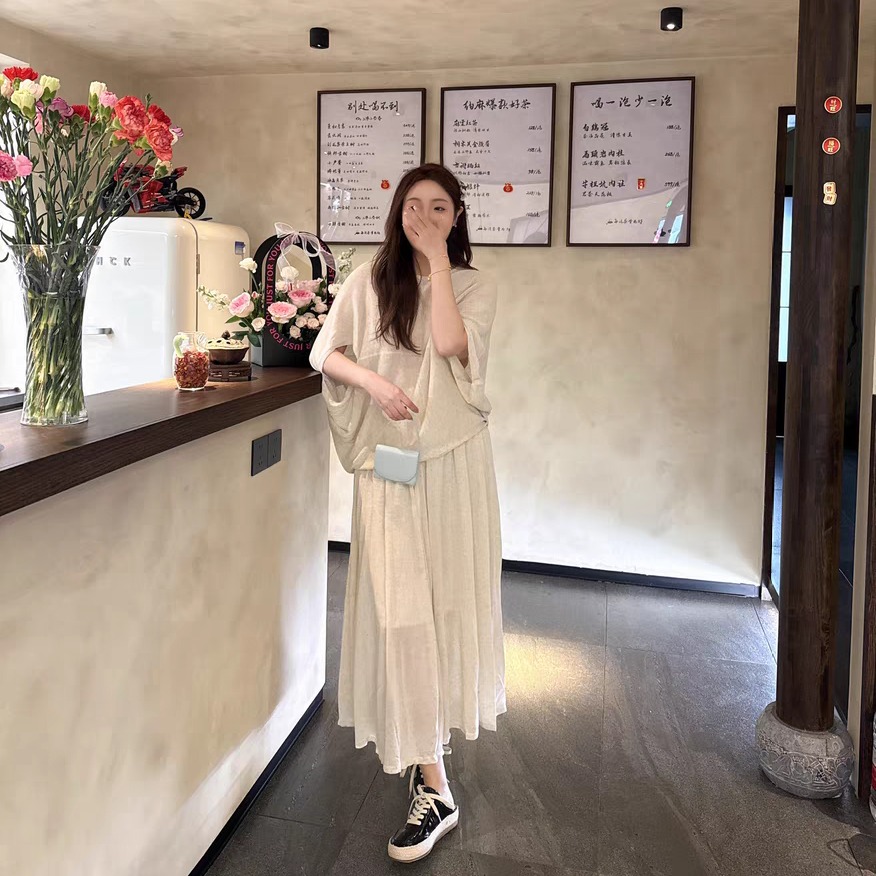 1747874430575_bLHVHo.jpg Wabi-Sabi Tencel Linen Knit Sweater Set with Batwing Sleeves and Pleated Skirt