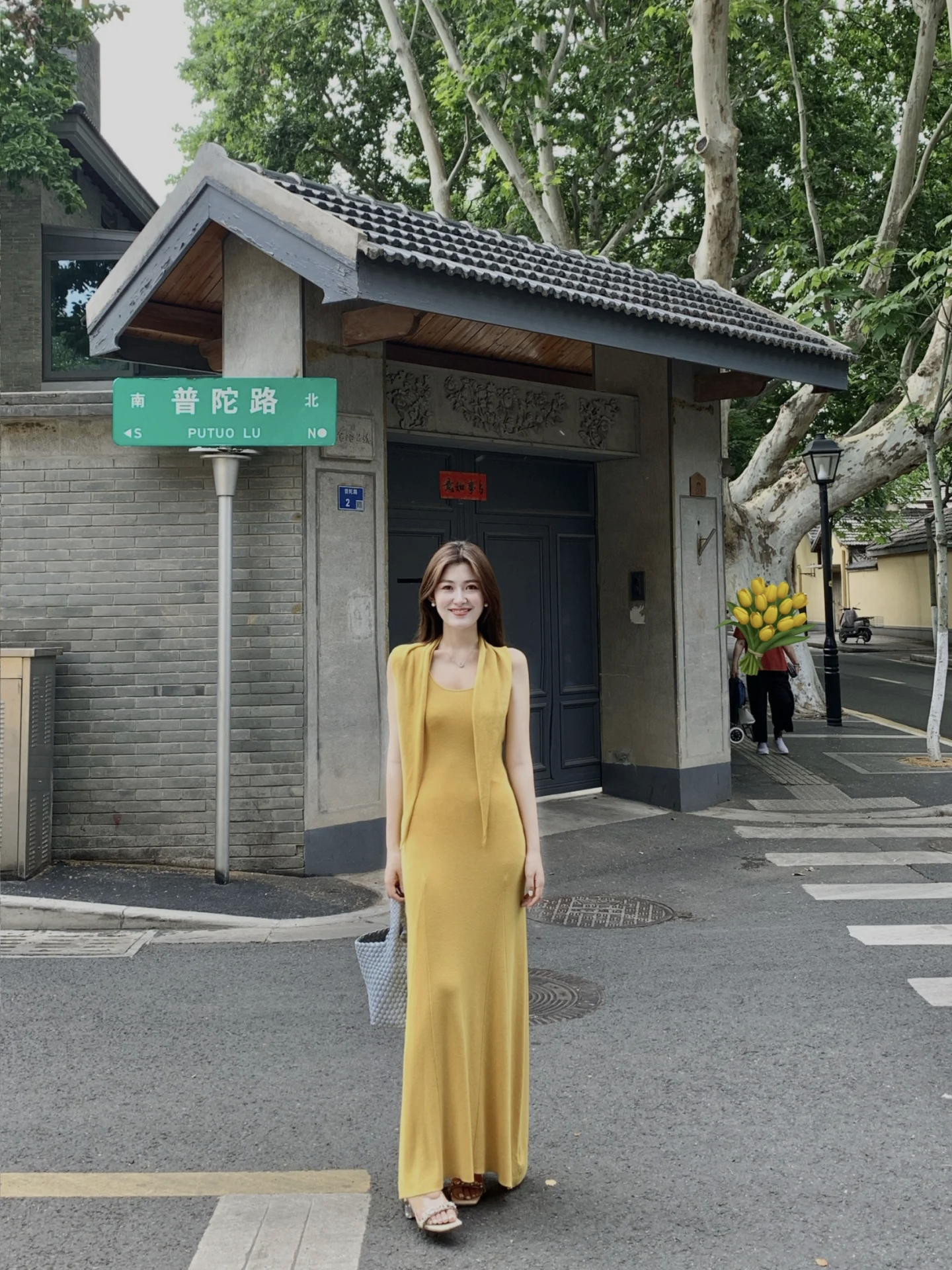 Yellow Knit Dress Set with Triangle Scarf for Women Long Dress Two Piece