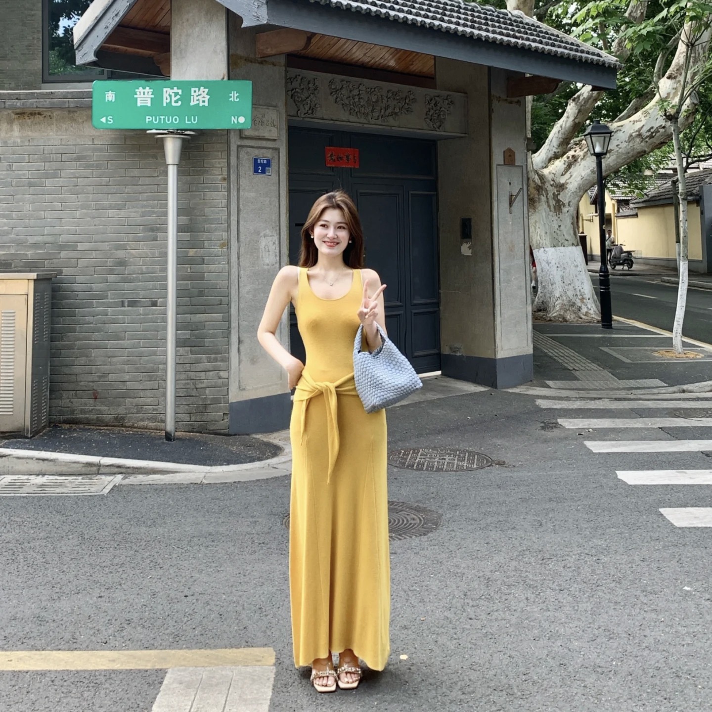 1747882199886_1RE88H.jpg Yellow Knit Dress Set with Triangle Scarf for Women Long Dress Two Piece