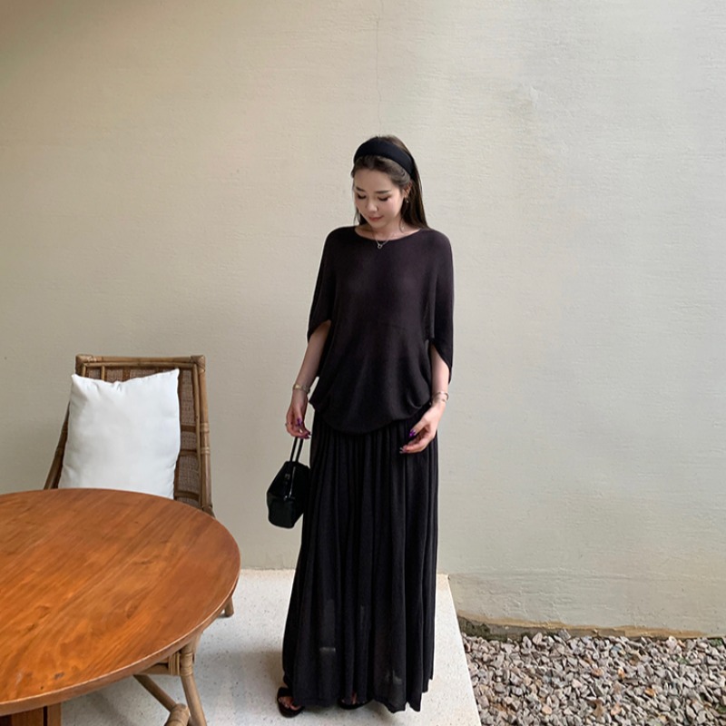 1747968521651_nBNXbQ.jpg Women's Linen Tencel Two-Piece Set Short Sleeve T-Shirt Top and Long Skirt Set