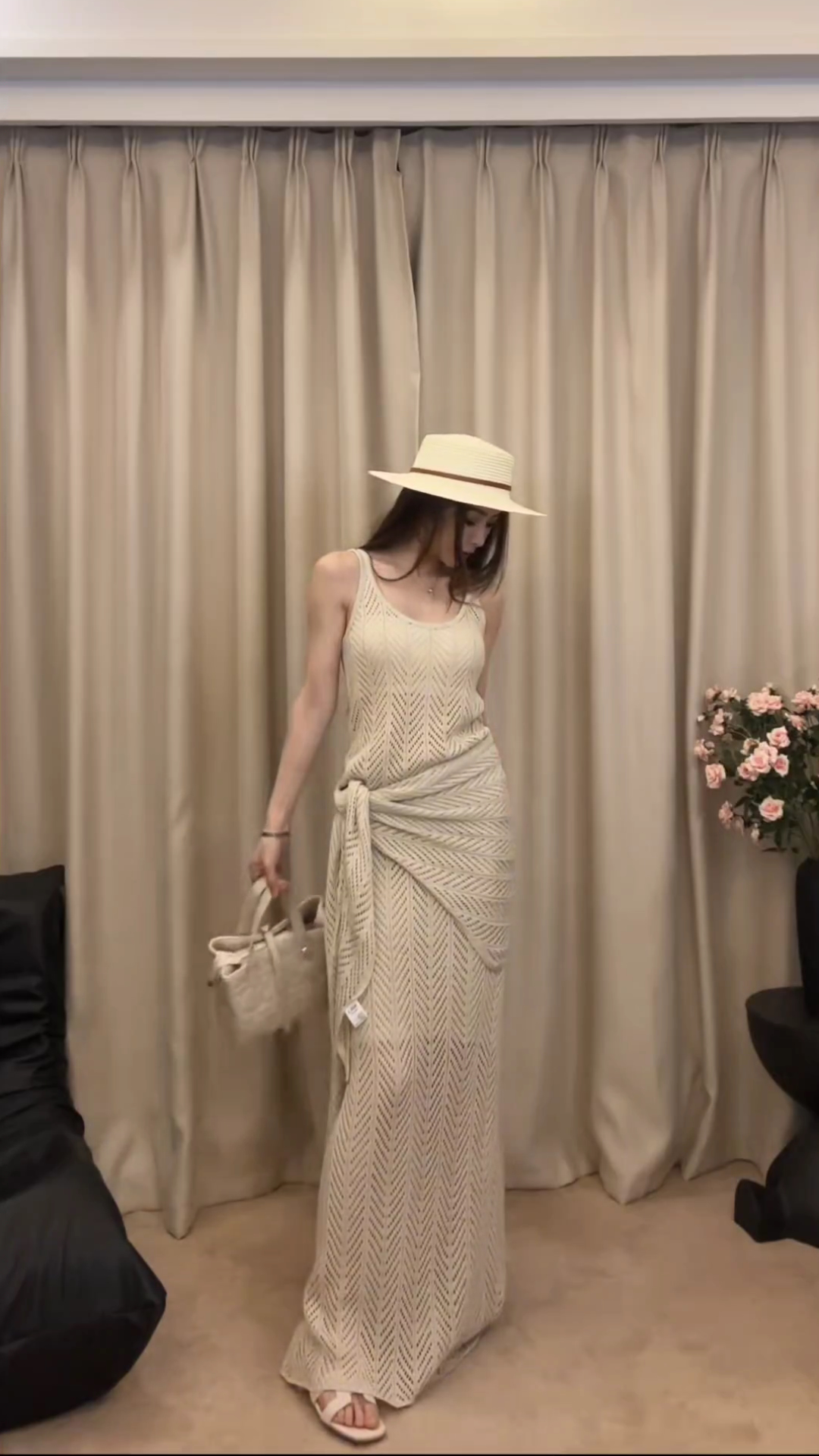 Women's Summer 3-Piece Knit Set Beige Tank Skirt and Shawl Top