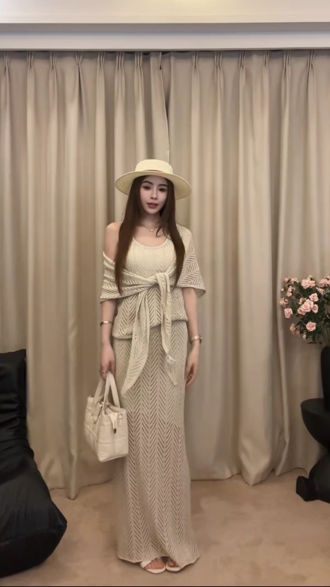 Women's Summer 3-Piece Knit Set Beige Tank Skirt and Shawl Top
