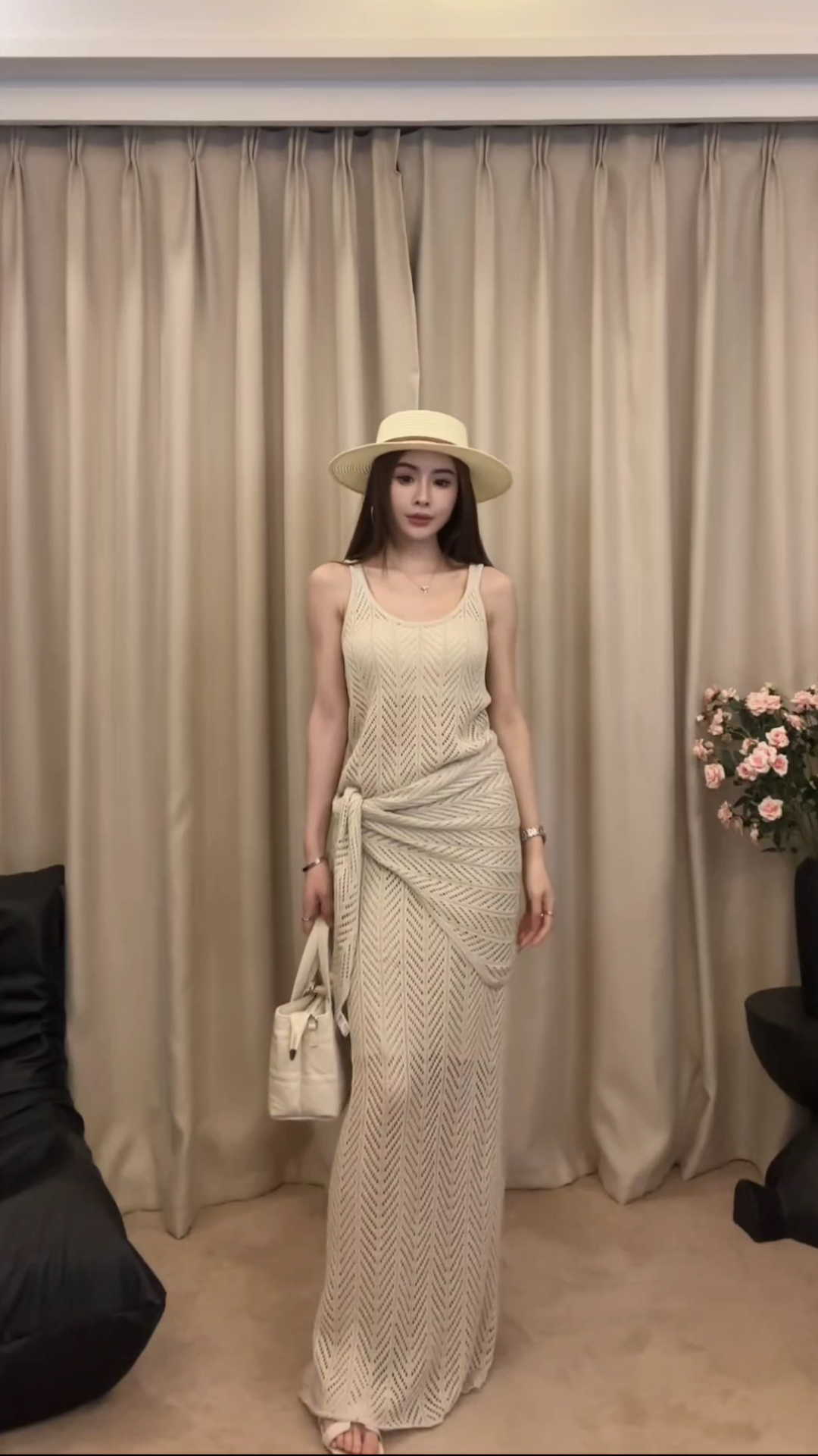 Women's Summer 3-Piece Knit Set Beige Tank Skirt and Shawl Top