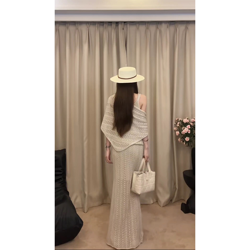 Women's Summer 3-Piece Knit Set Beige Tank Skirt and Shawl Top