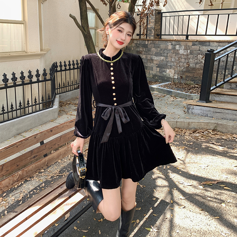 Hepburn Style Black Velvet Long Sleeve Dress - Style a5390d