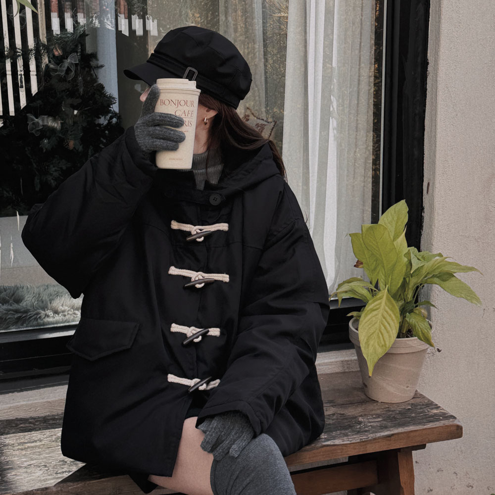 Korean Chic Winter Horn Button Hooded Padded Cotton Jacket