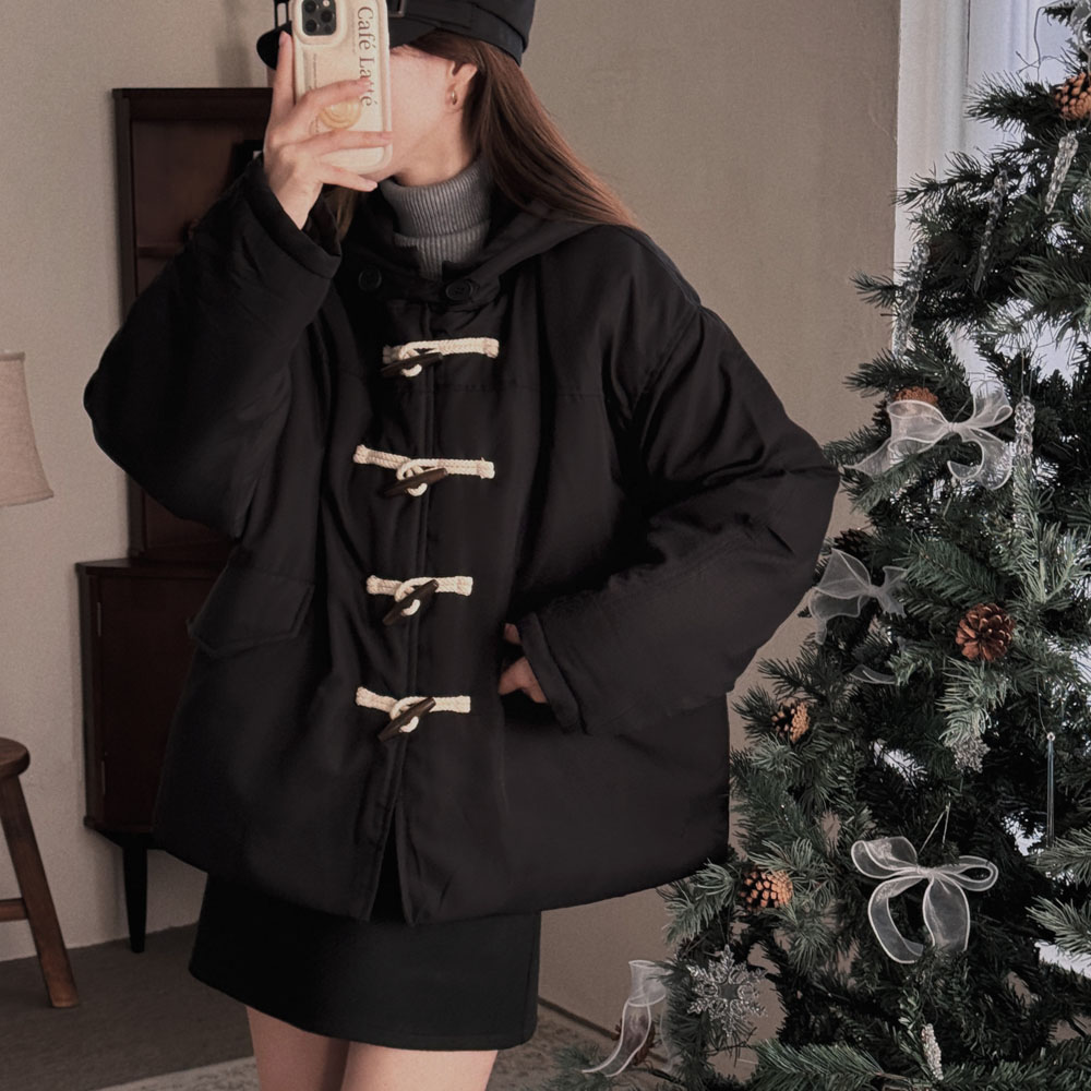 Korean Chic Winter Horn Button Hooded Padded Cotton Jacket