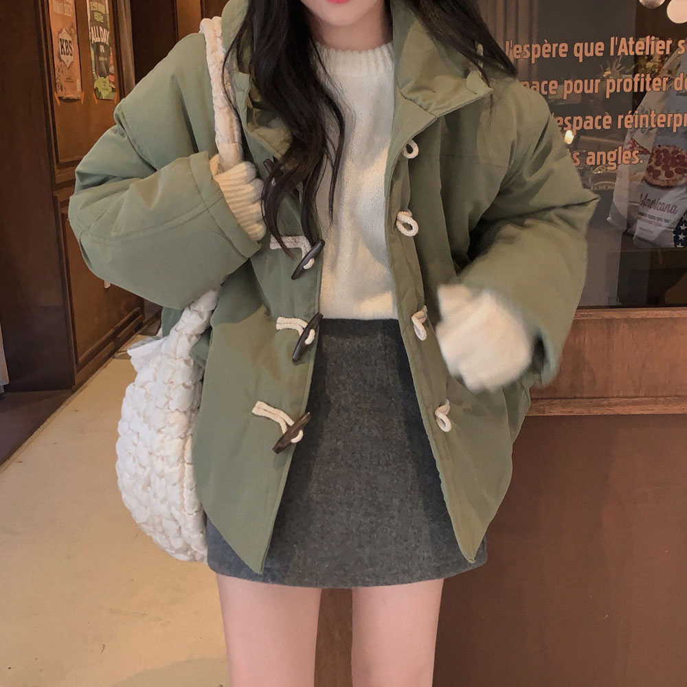 Korean Chic Winter Horn Button Hooded Padded Cotton Jacket