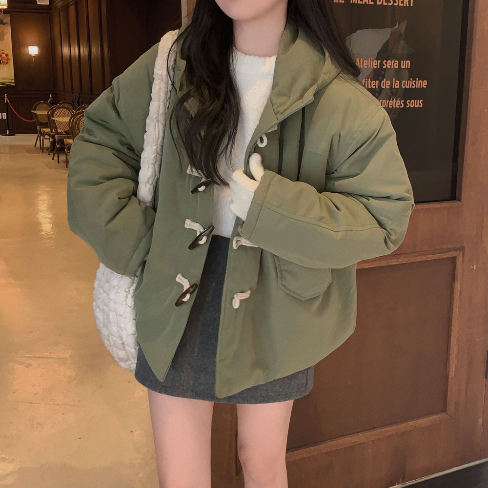 Korean Chic Winter Horn Button Hooded Padded Cotton Jacket