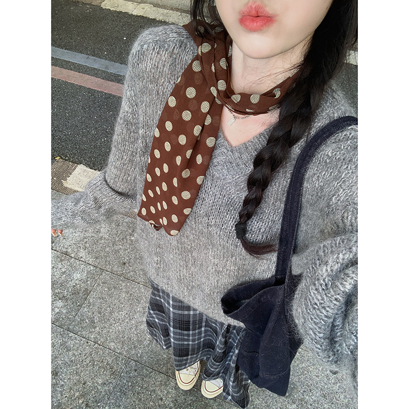 Women's Lazy Loose V-Neck Sweater and Plaid Skirt Two-Piece Set