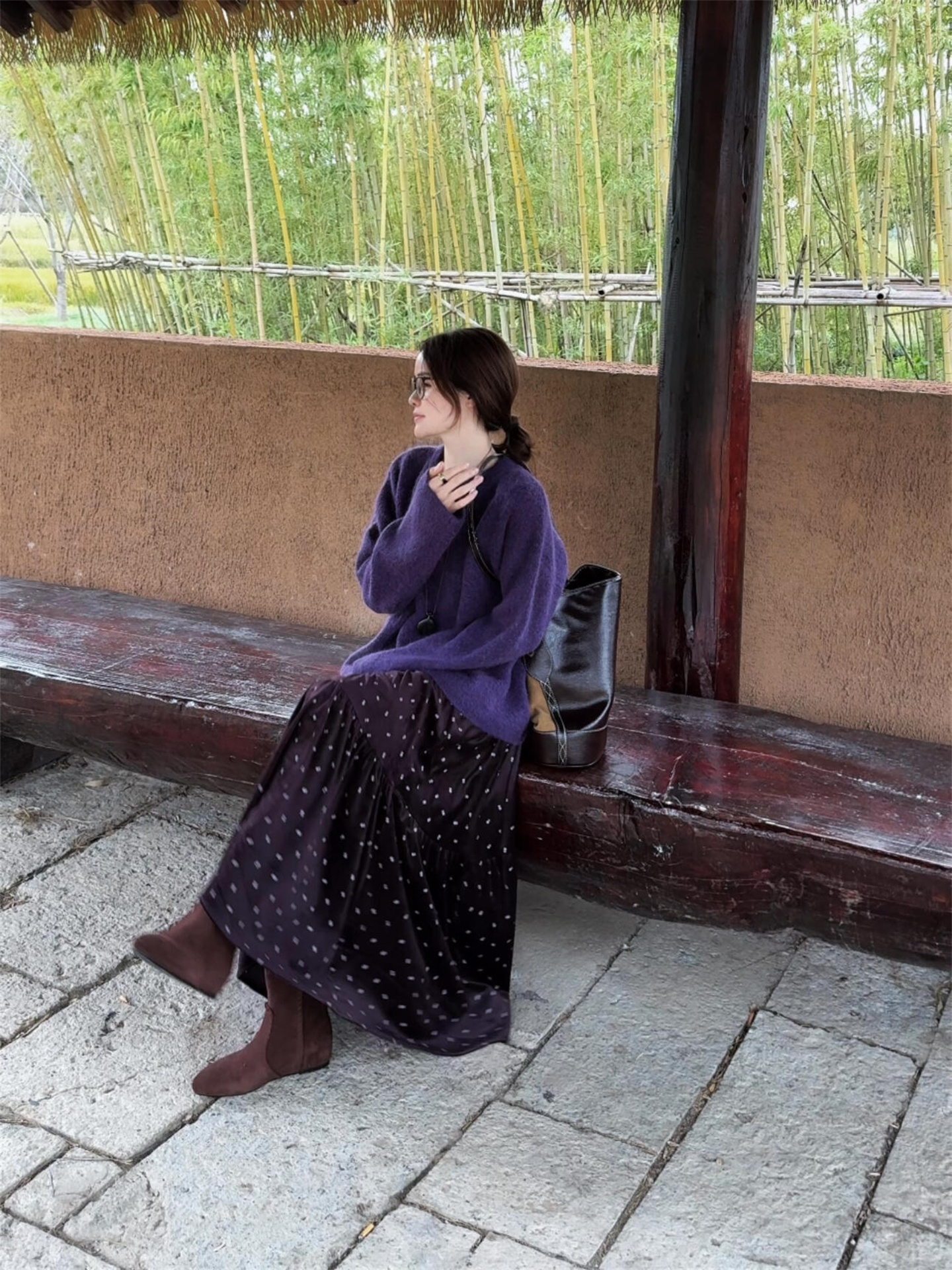Purple Sweater and Velvet Floral Skirt Two-Piece Set