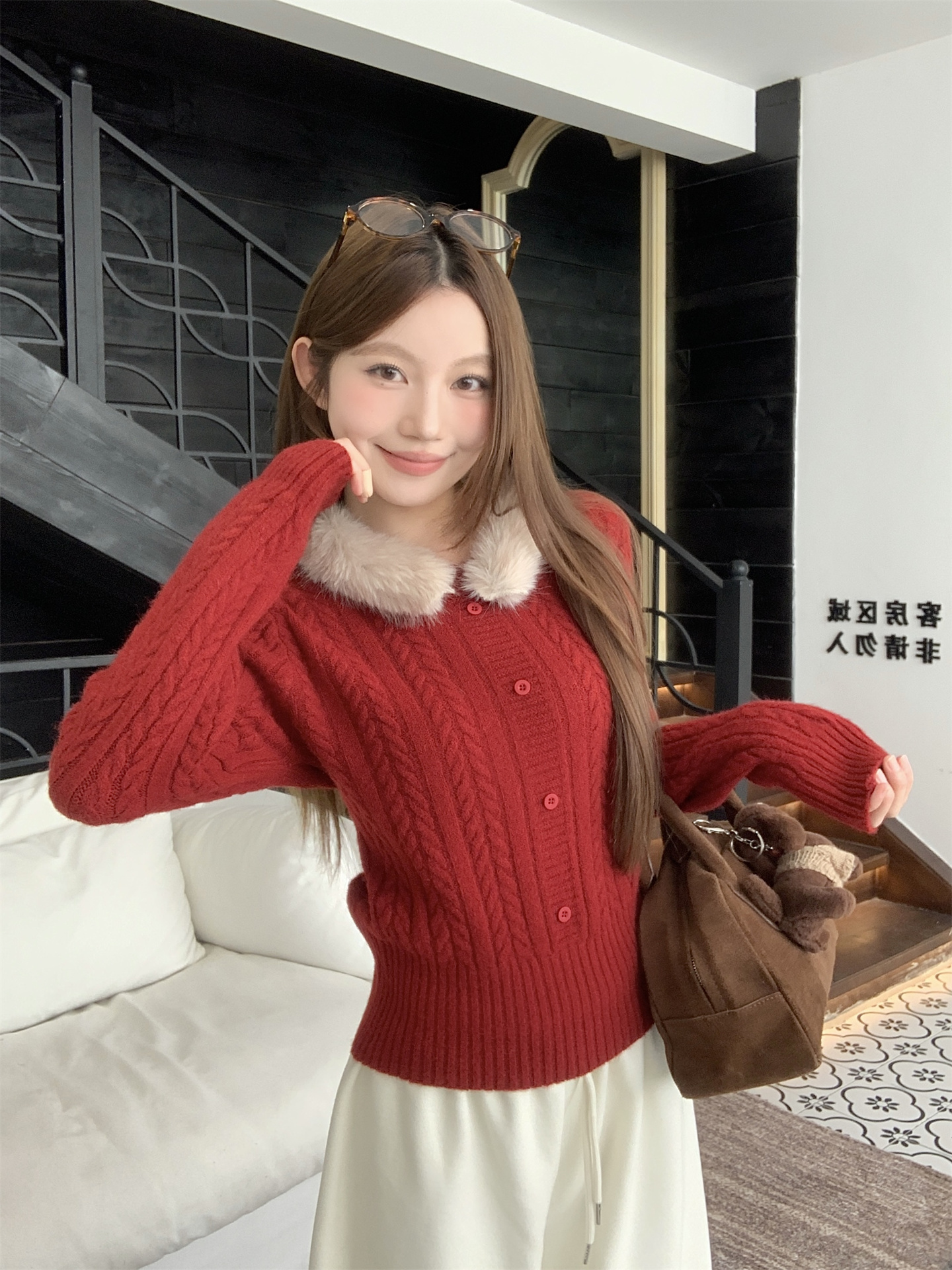 French Retro Fuzzy Collar Cable Knit Sweater for Women