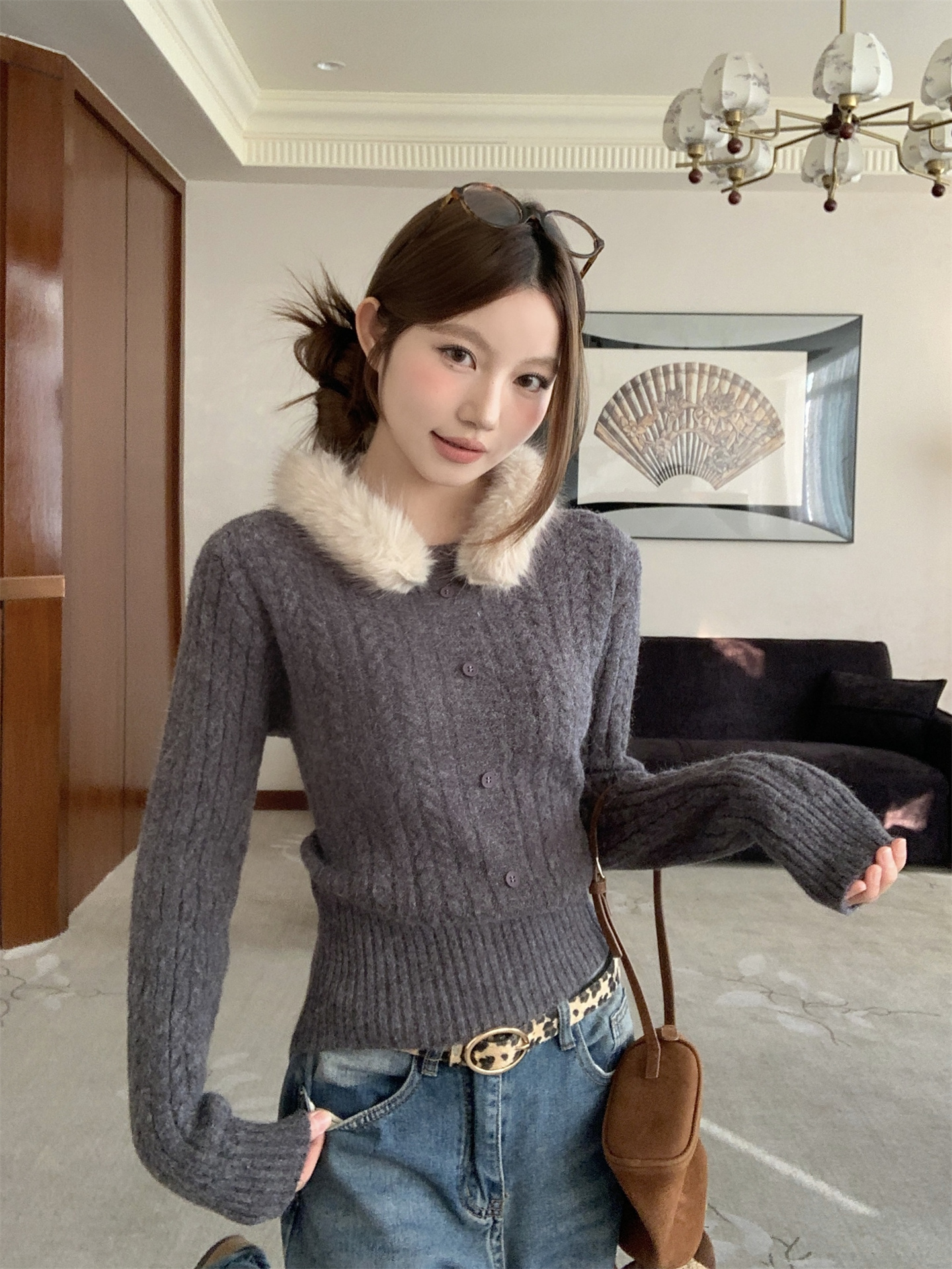 1764701222794_h4iohJ.jpg French Retro Fuzzy Collar Cable Knit Sweater for Women