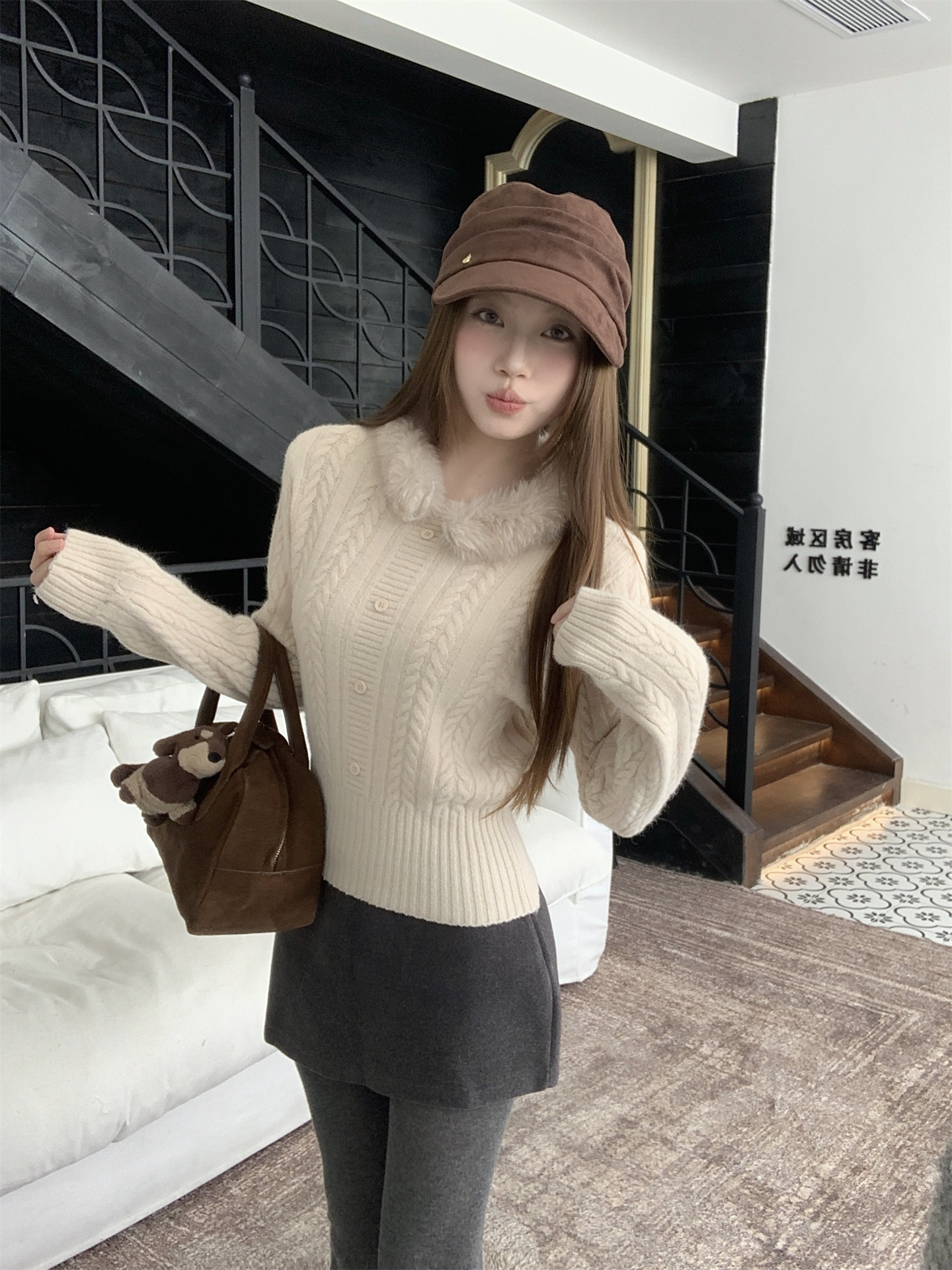 1764701226000_Zu4AKV.jpg French Retro Fuzzy Collar Cable Knit Sweater for Women
