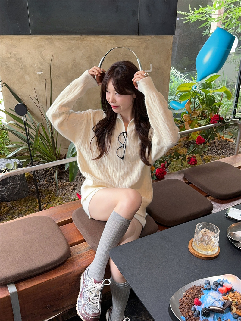 Sweet and Spicy Polo Neck Cable Knit Sweater and Shorts Two Piece Set