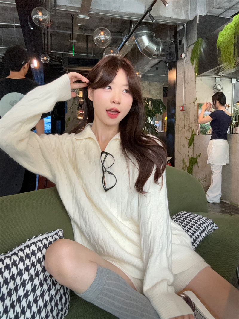 Sweet and Spicy Polo Neck Cable Knit Sweater and Shorts Two Piece Set