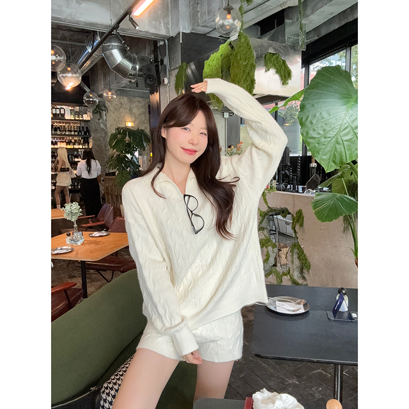Sweet and Spicy Polo Neck Cable Knit Sweater and Shorts Two Piece Set