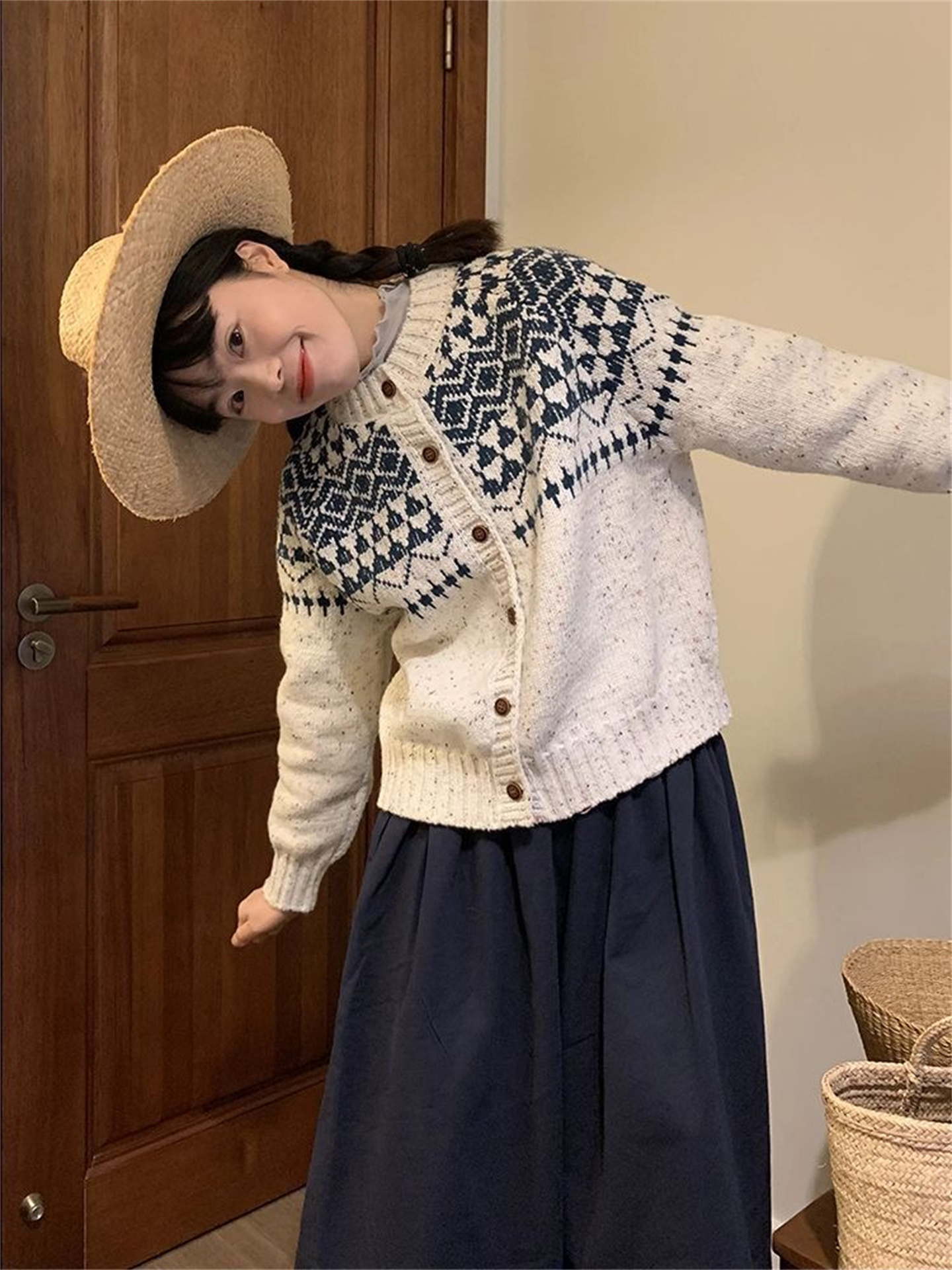 Lazy Vintage Fair Isle Jacquard Knit Cardigan Sweater for Women