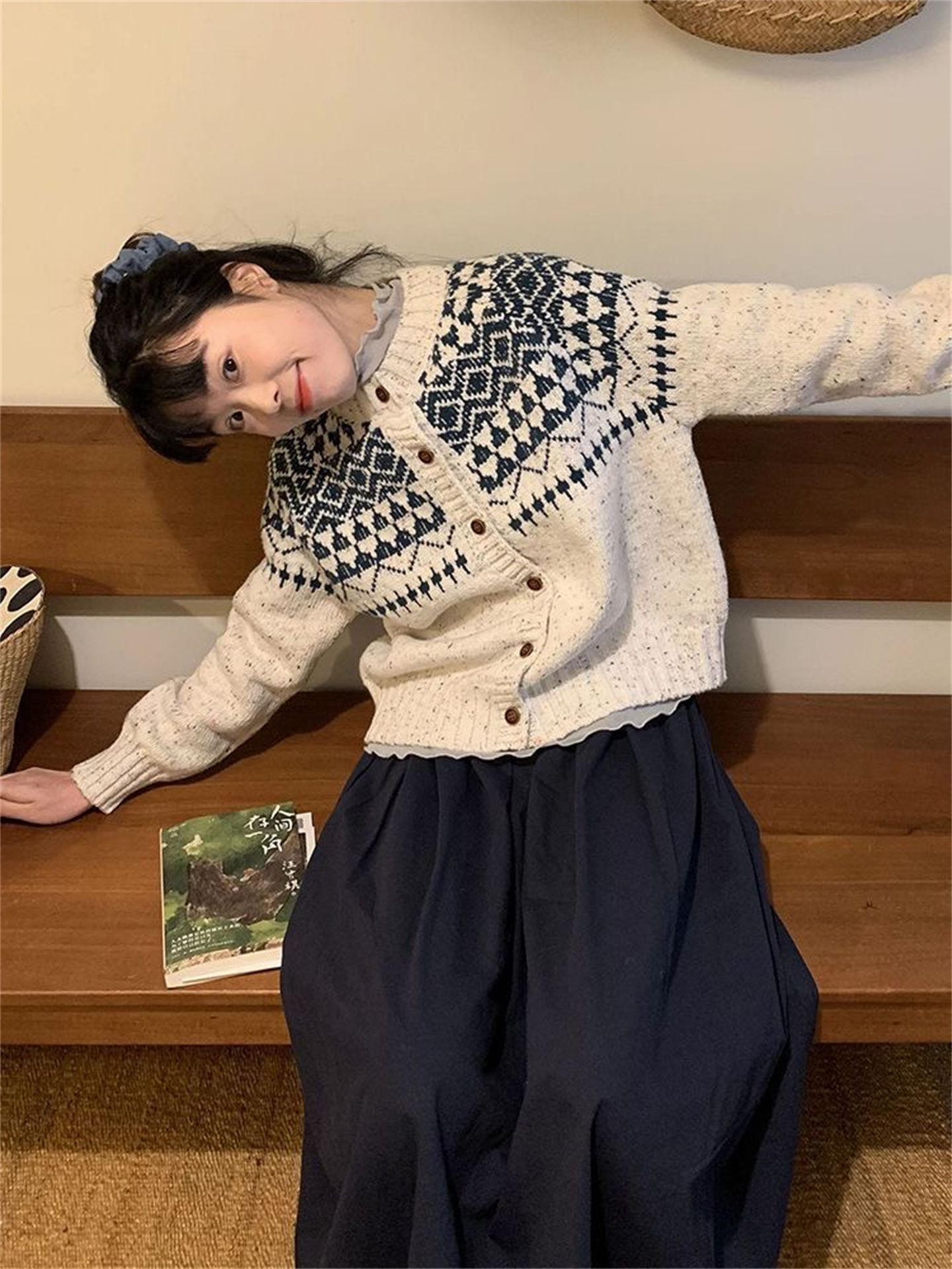 Lazy Vintage Fair Isle Jacquard Knit Cardigan Sweater for Women