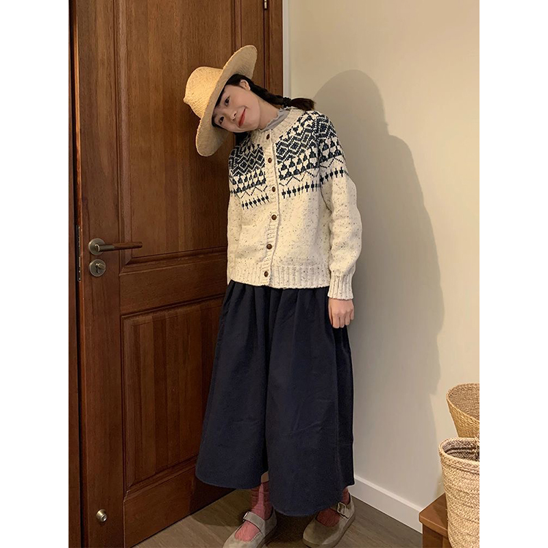 Lazy Vintage Fair Isle Jacquard Knit Cardigan Sweater for Women