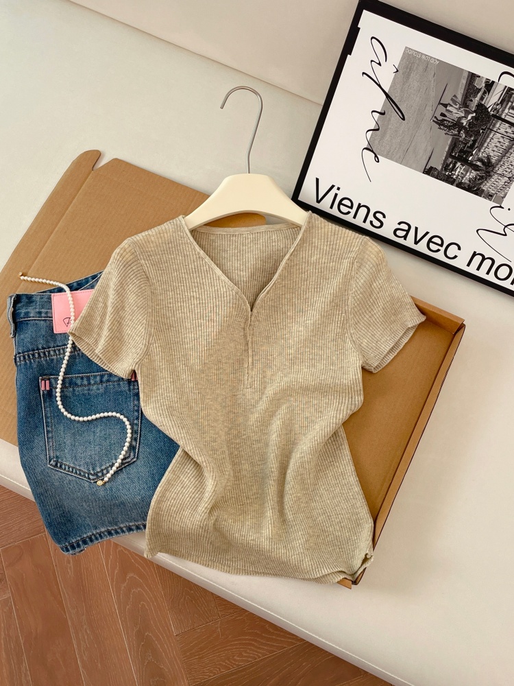 Women's Korean Style Half-Zip Knit Short Sleeve Top Summer New Slimming Soft Basic Tee