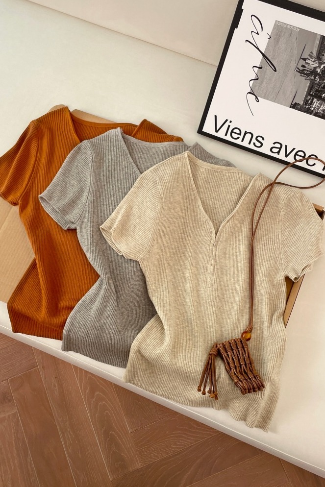 1775487309509_vwUAiA.jpg Women's Korean Style Half-Zip Knit Short Sleeve Top Summer New Slimming Soft Basic Tee