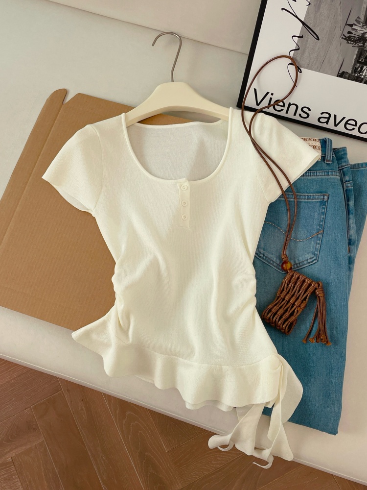 1775493865071_yfytIy.jpg Women Summer Knit Sweater with Irregular Ribbon Detail Short Sleeve Slimming Design