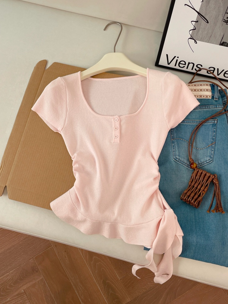 1775493868974_idQePy.jpg Women Summer Knit Sweater with Irregular Ribbon Detail Short Sleeve Slimming Design