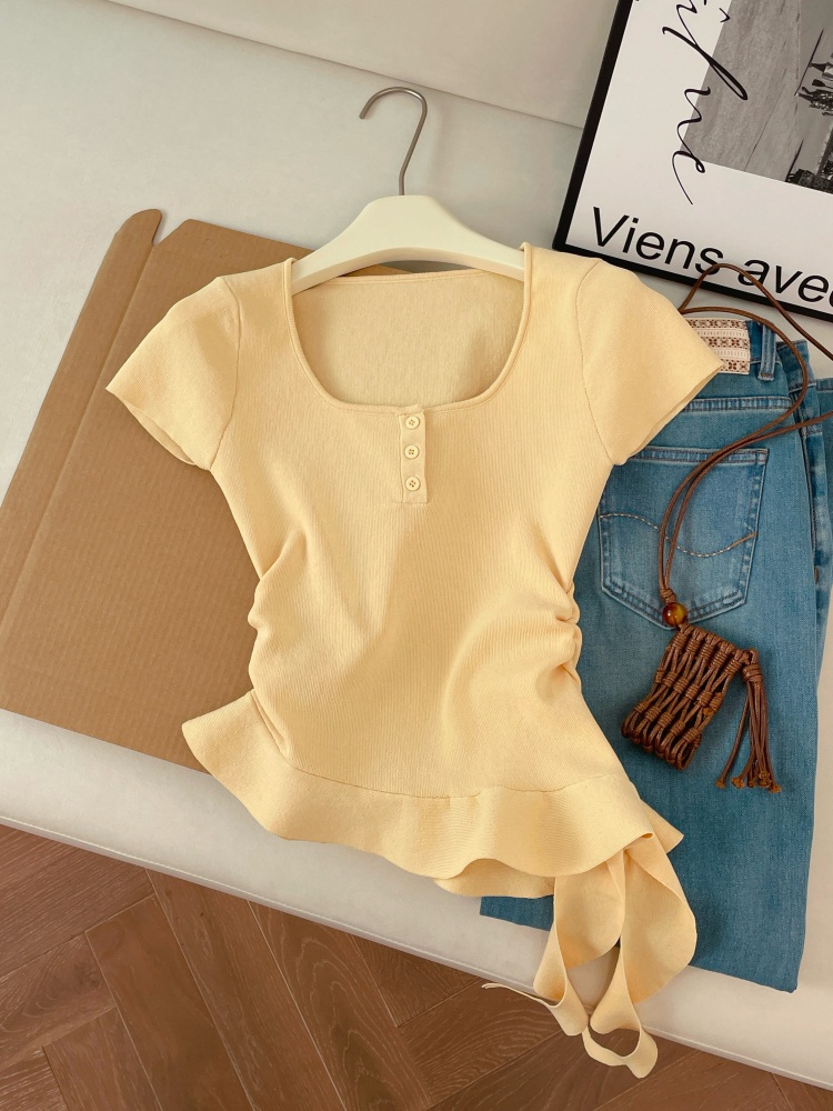 Women Summer Knit Sweater with Irregular Ribbon Detail Short Sleeve Slimming Design
